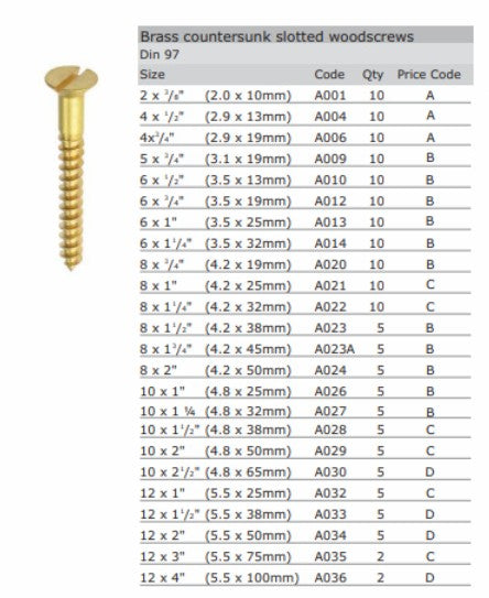 BRASS CSK.W.SCREW 2X3/8